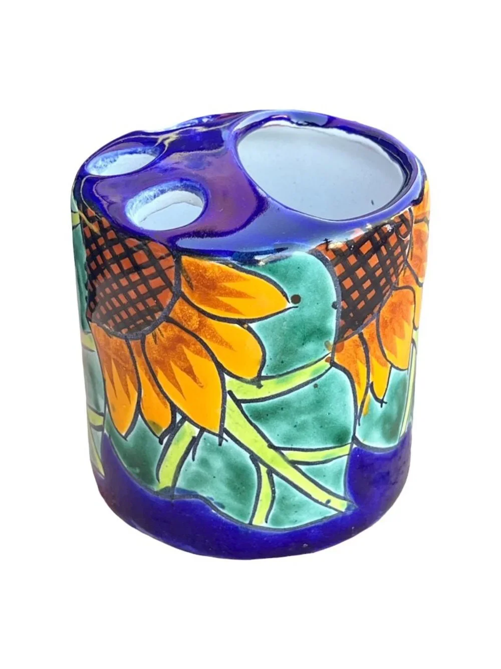 Hand-Painted Talavera Ceramic Toothbrush Holder Sunflower Design Made In Mexico